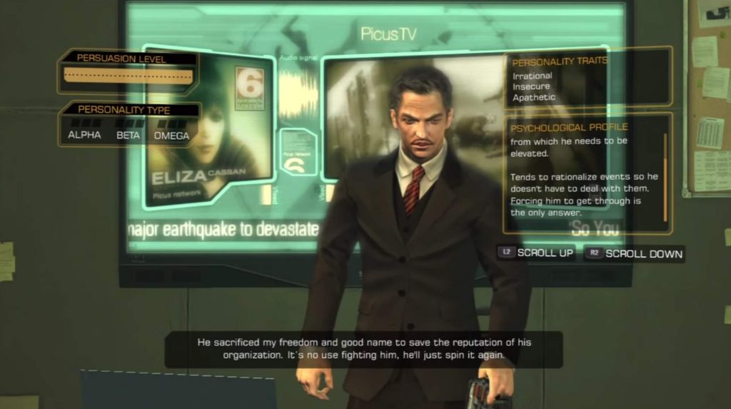 A social debate/encounter mission with somebody in Deus Ex Human Revolution